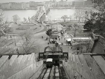 High angle view of bridge and buildings in city