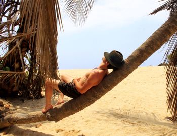 Shirtless man leaning on palm tree at beach