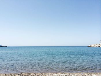 Scenic view of sea against clear blue sky