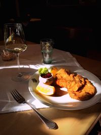 Close-up of food served on table