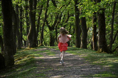 Rear view of girl running on footpath in forest