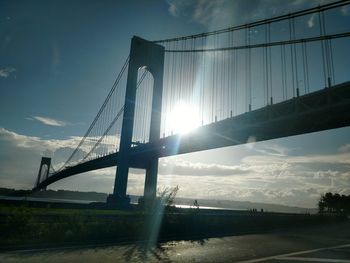 Low angle view of suspension bridge against sky