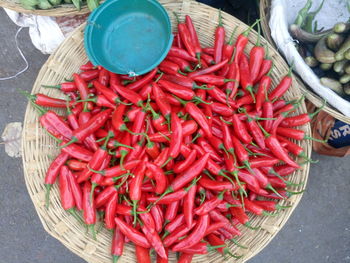 Directly above shot of red chili peppers for sale