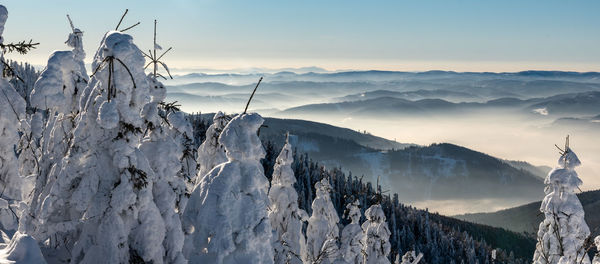 Panoramic view of snowcapped mountains against sky