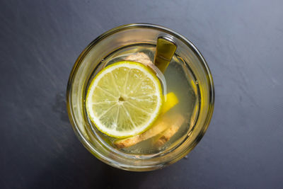 Directly above shot of lemon in glass