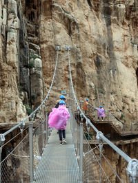 Rear view of woman walking on footbridge