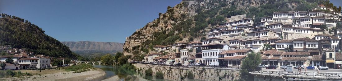 Panoramic view of buildings in city against clear sky