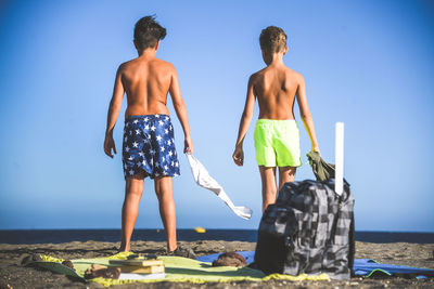 Rear view of friends standing on beach against clear blue sky