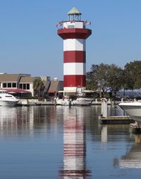 Lighthouse in calm sea against clear sky