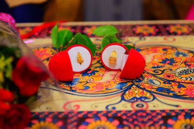 High angle view of multi colored flower on table