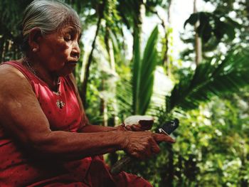 Woman sitting on rock against trees