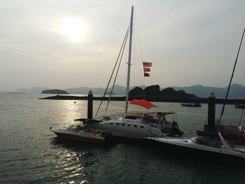 Sailboats moored in sea against sky