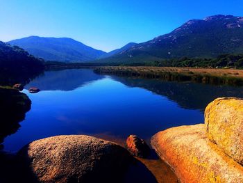 Scenic view of lake by mountains against sky