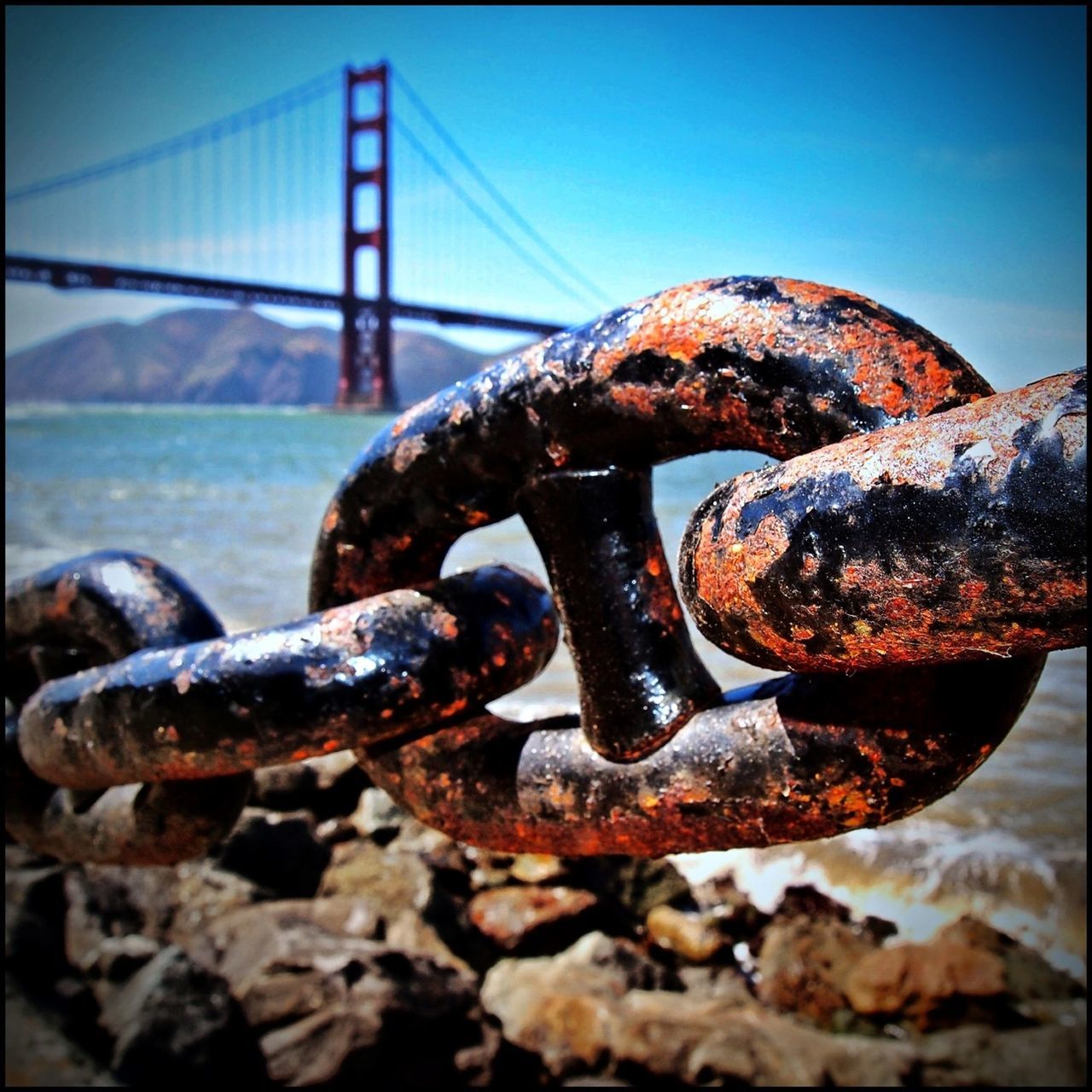 metal, rusty, metallic, chain, close-up, strength, old, iron - metal, focus on foreground, weathered, clear sky, connection, deterioration, outdoors, run-down, day, sunlight, blue, padlock, safety