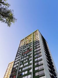 Low angle view of modern building against clear blue sky
