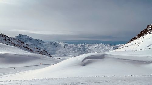 Scenic view of snow covered mountains against sky