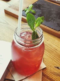 Close-up of drink in jar on table