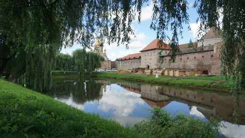 Reflection of trees and buildings in lake