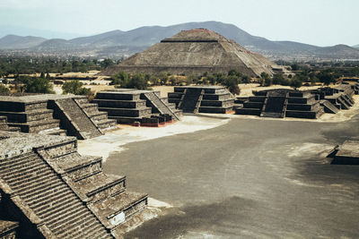 High angle view of ancient pyramids against sky