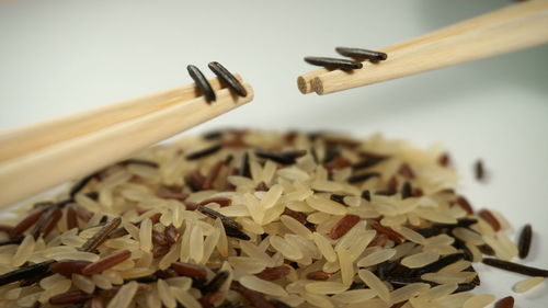 Close-up of rice with chopsticks in bowl