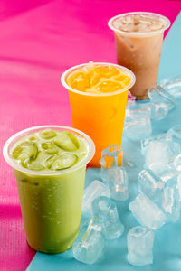 High angle view of ice tea on table