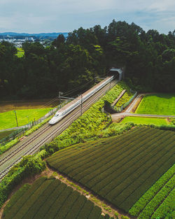 Aerial view of agricultural landscape against sky