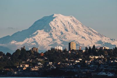 View of cityscape against snowcapped mountain