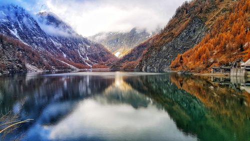 Scenic view of lake by snowcapped mountains against sky