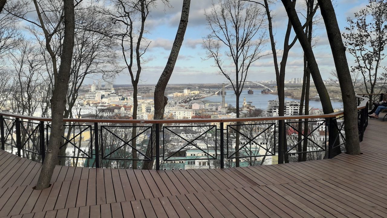 VIEW OF BRIDGE WITH BARE TREES IN FOREGROUND