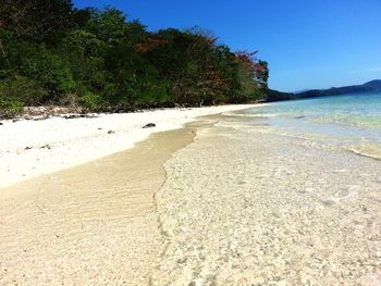 Scenic view of beach against clear blue sky
