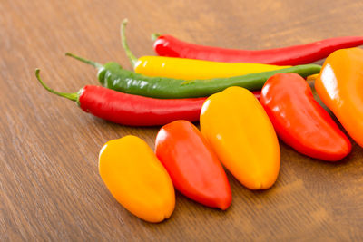 High angle view of chili peppers on table