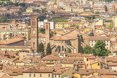 Aerial view of bologna with the beautiful maggiore square and the tower