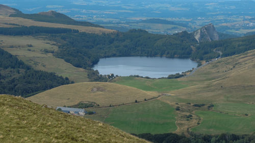 High angle view of landscape and mountains