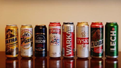 Close-up of various bottles on table