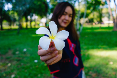 Close-up of woman holding frangipani in park