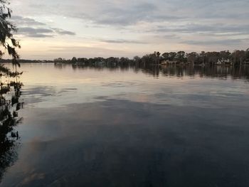 Scenic view of lake against sky at sunset