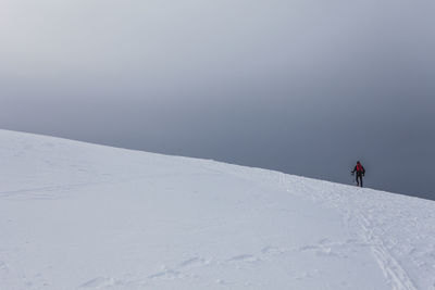 Person on snowcapped mountain against sky