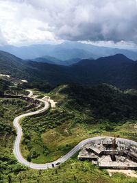 High angle view of winding road on landscape against sky