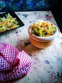 High angle view of food on table