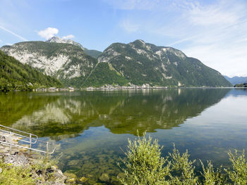 Scenic view of lake by mountains against sky