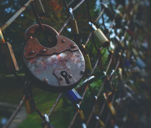 Close-up of rusty metal hanging outdoors