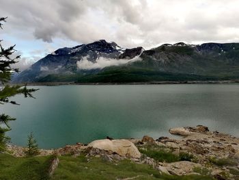 Scenic view of lake and mountains against sky