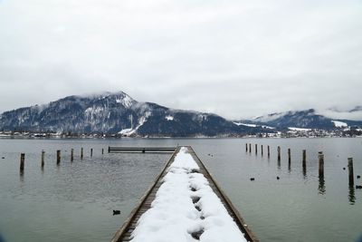 Scenic view of lake by snowcapped mountains against sky