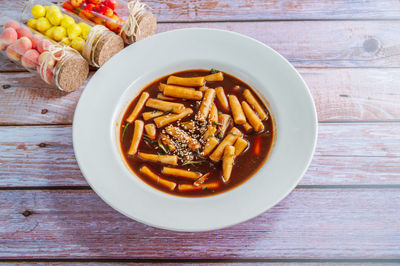 High angle view of food in bowl on table