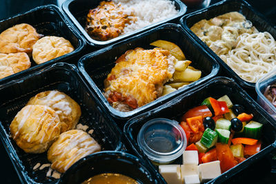 High angle view of food served in tray