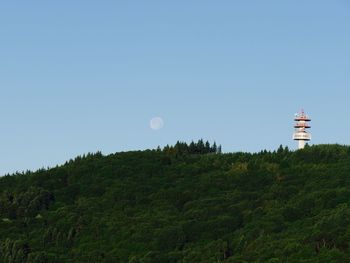 Lighthouse amidst trees and buildings against sky