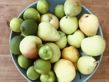 High angle view of apples in bowl on table