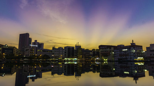 View of city lit up at night