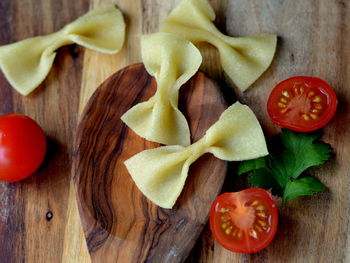 High angle view of fruits on cutting board