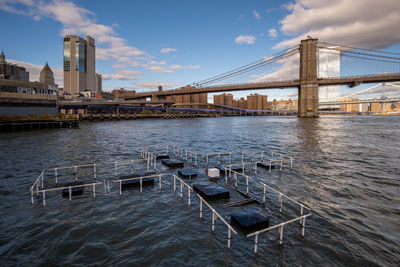 Bridge over river with city in background